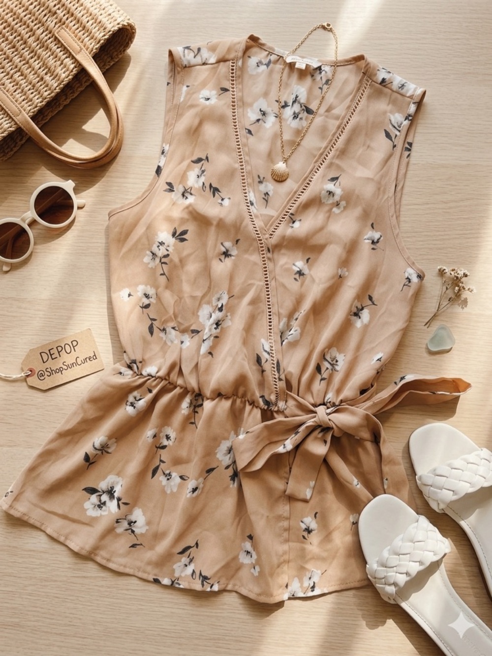 Sienna Sky Tan Top with White Floral Trim